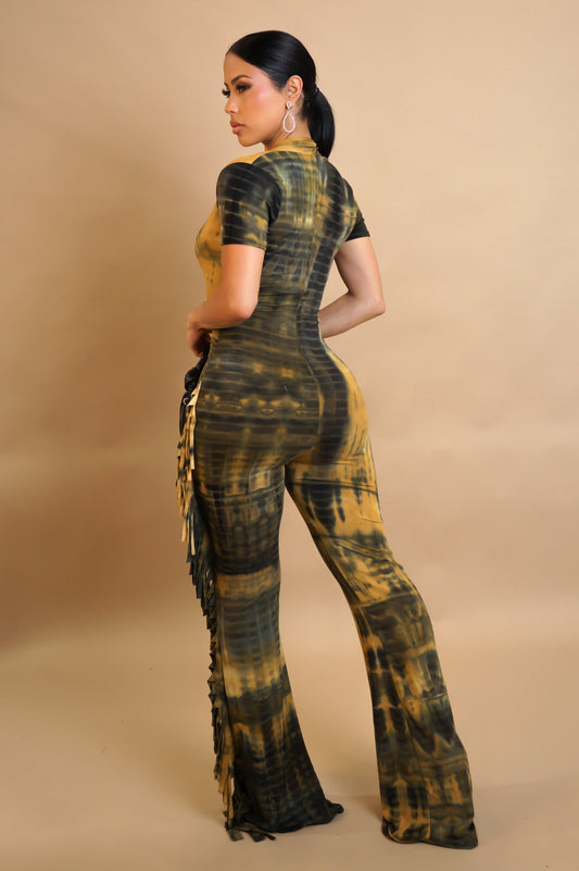 Yellow/Black Tie Dye Fringe Jumpsuit