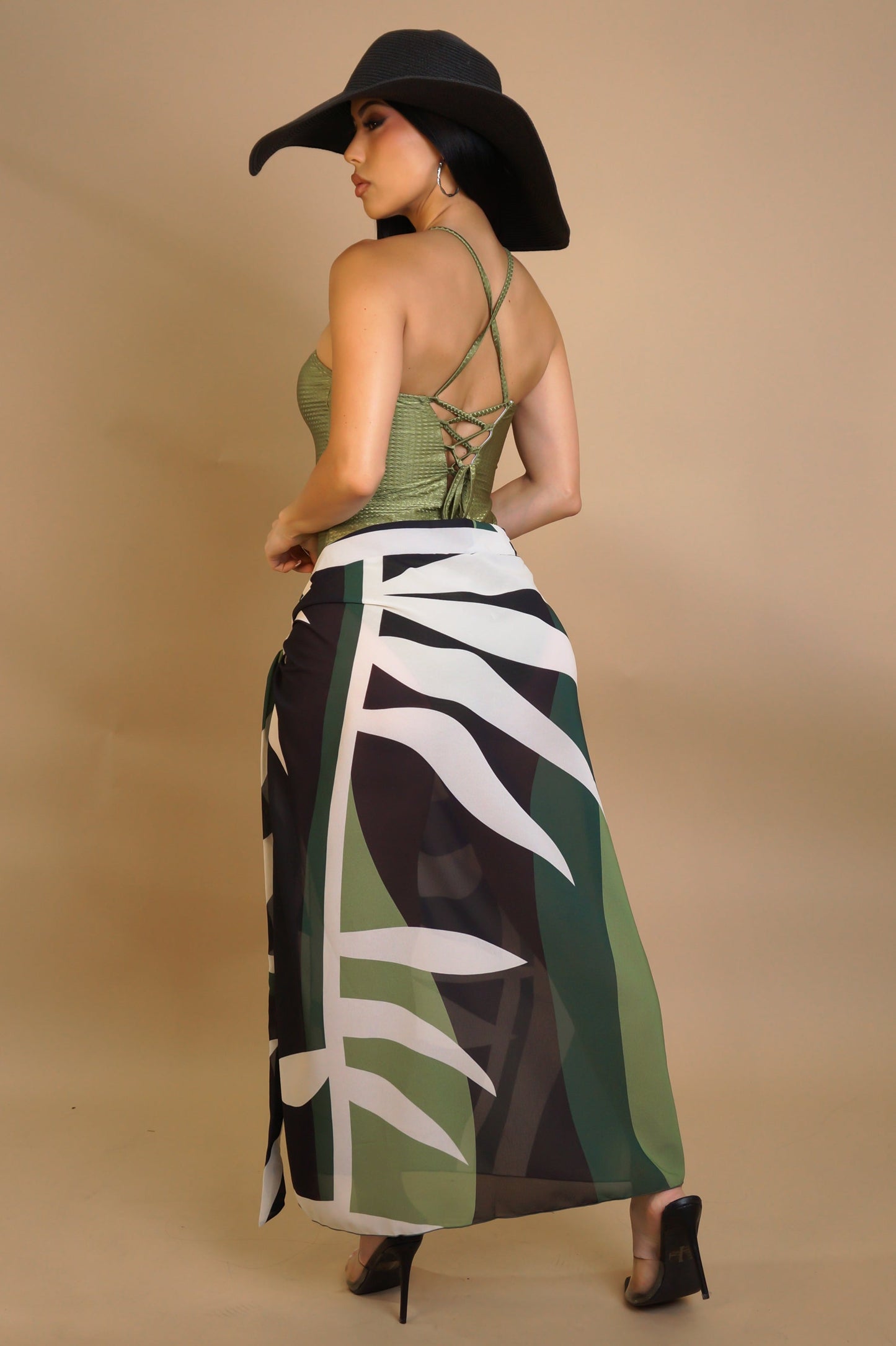 Stone Pearled Swimsuit & Bottom Coverup Set- Green