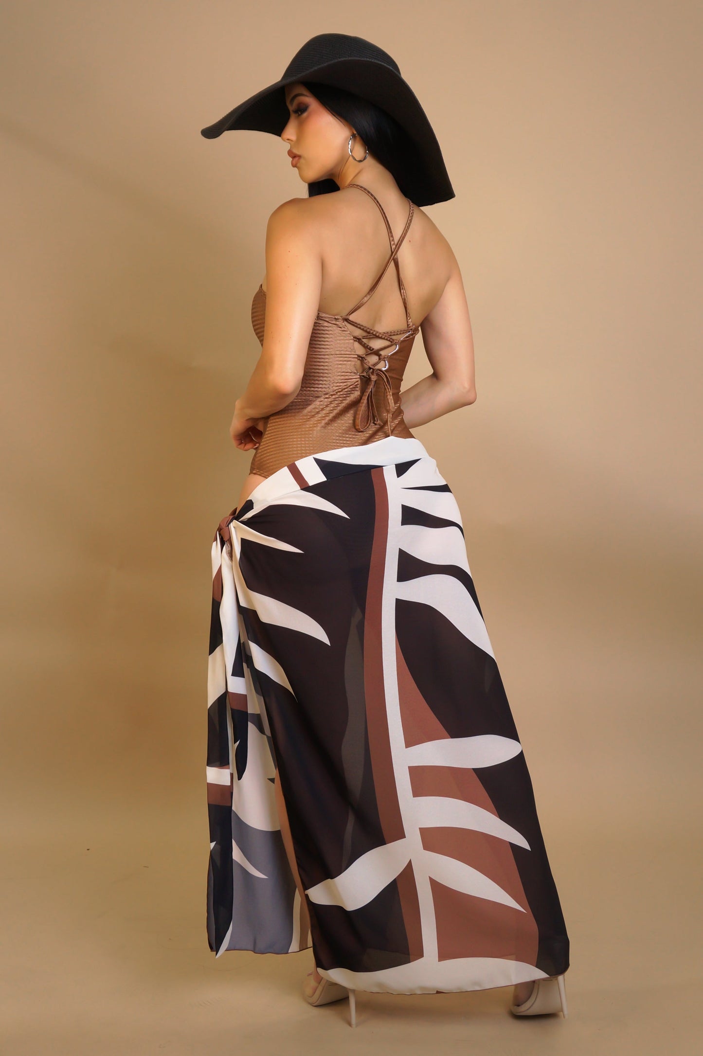 Stone Pearled Swimsuit & Bottom Coverup Set- Brown