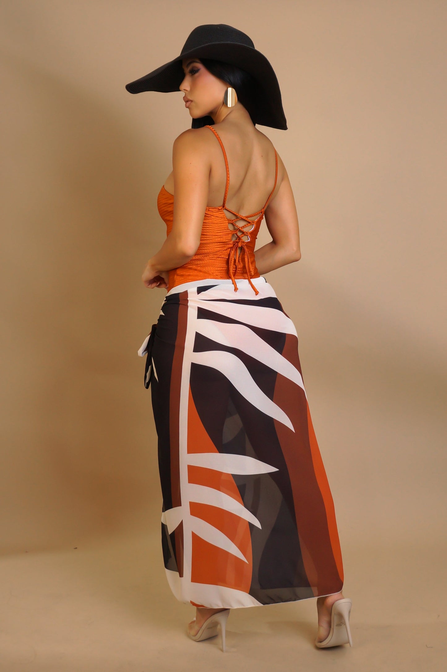 Stone Pearled Swimsuit & Bottom Coverup Set- Orange