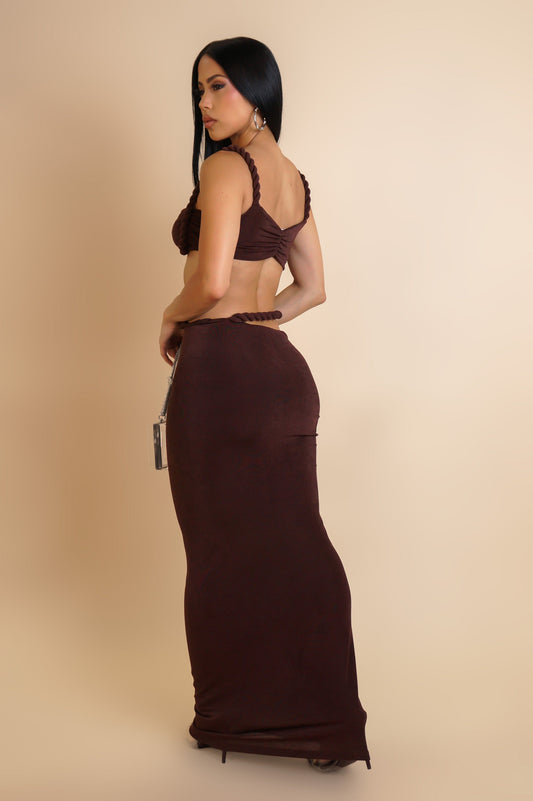 Tame that Rope Maxi Skirt & Bra Top Set-Brown