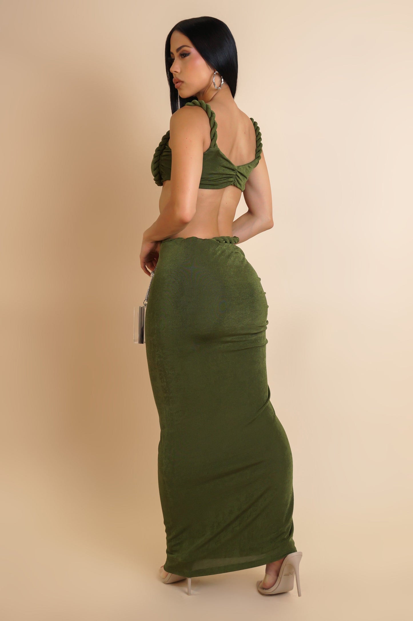 Tame that Rope Maxi Skirt & Bra Top Set-Green