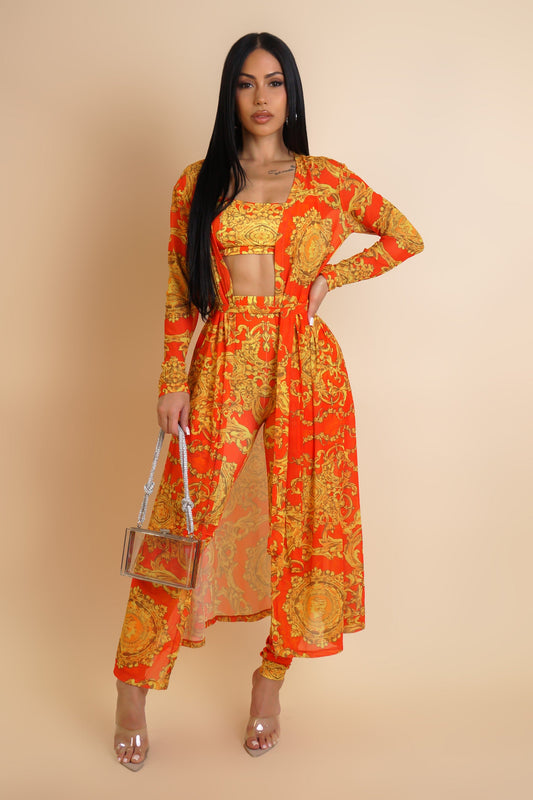 Flirt Alert Leggings, Cropped Top, & Cardigan 3-Piece Set- Orange