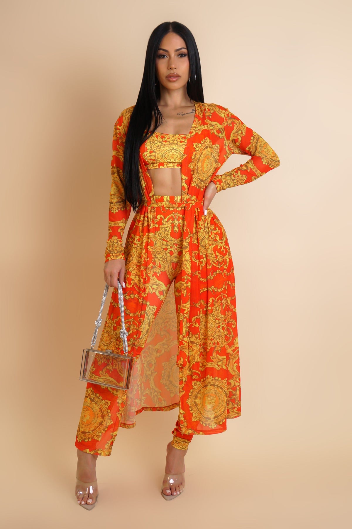 Flirt Alert Leggings, Cropped Top, & Cardigan 3-Piece Set- Orange