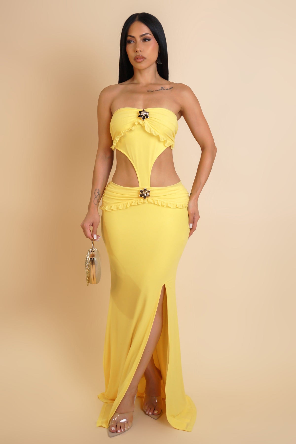 Vestido Longo com Fenda Tempt Me - Amarelo