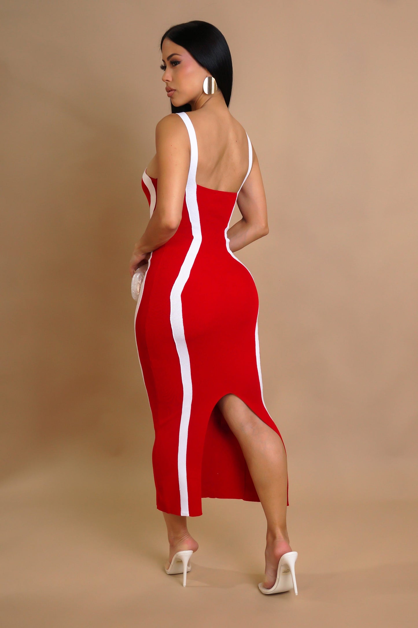 White Contrast Midi Dress- Red