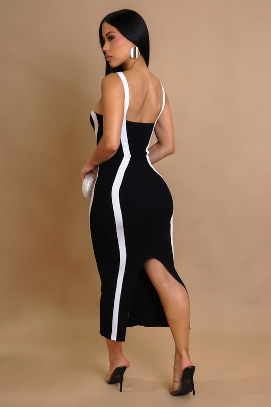 White Contrast Midi Dress- Black