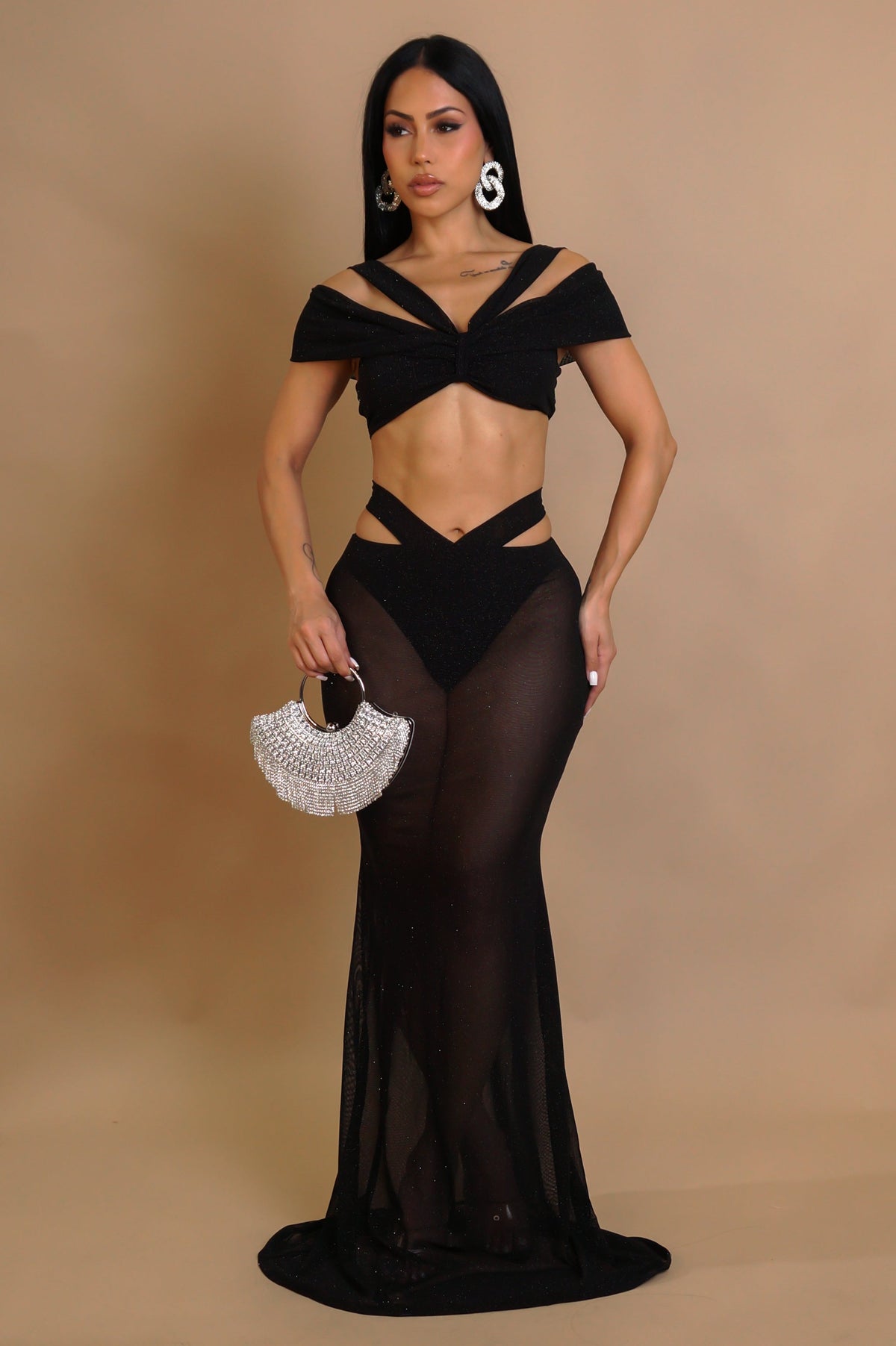Mesh Glitter Resort Wear Beach Summer Black Skirt Set