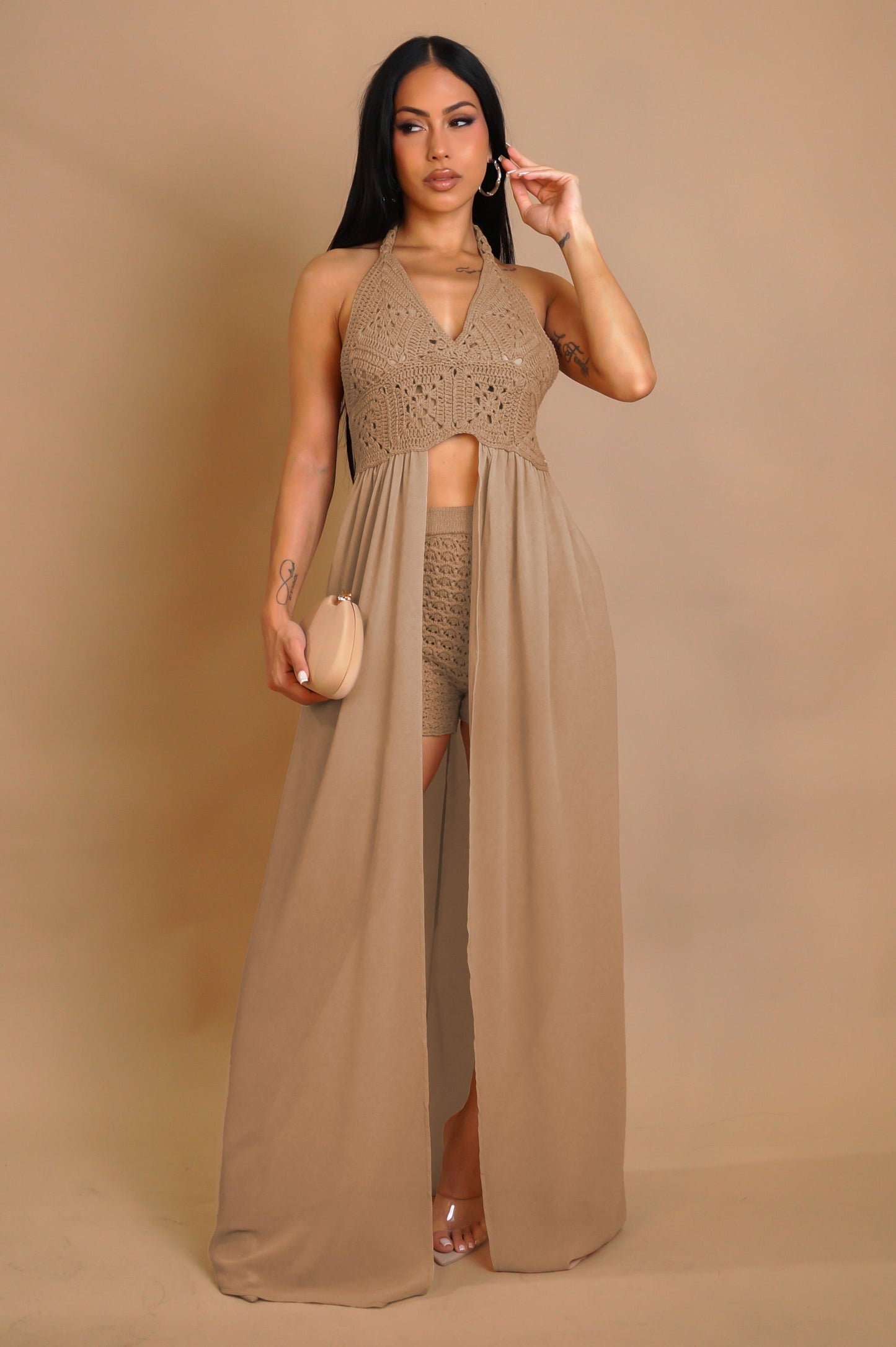 Crochet Coverup Shorts Set- Brown