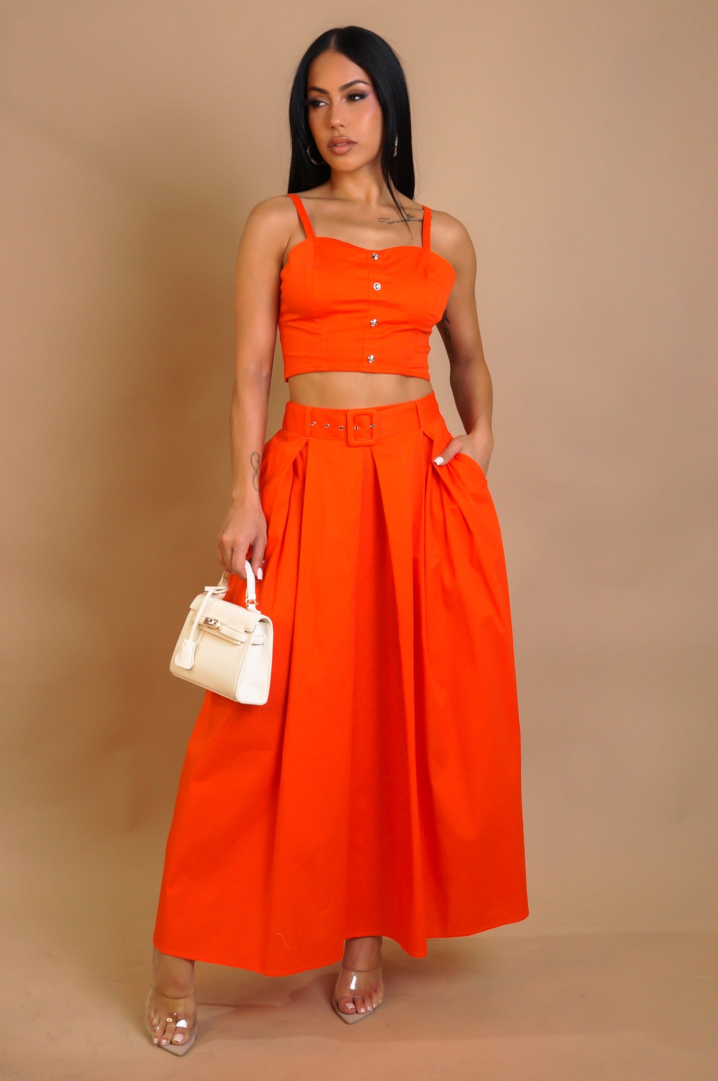 Belted Pleated Skirt Set- Orange