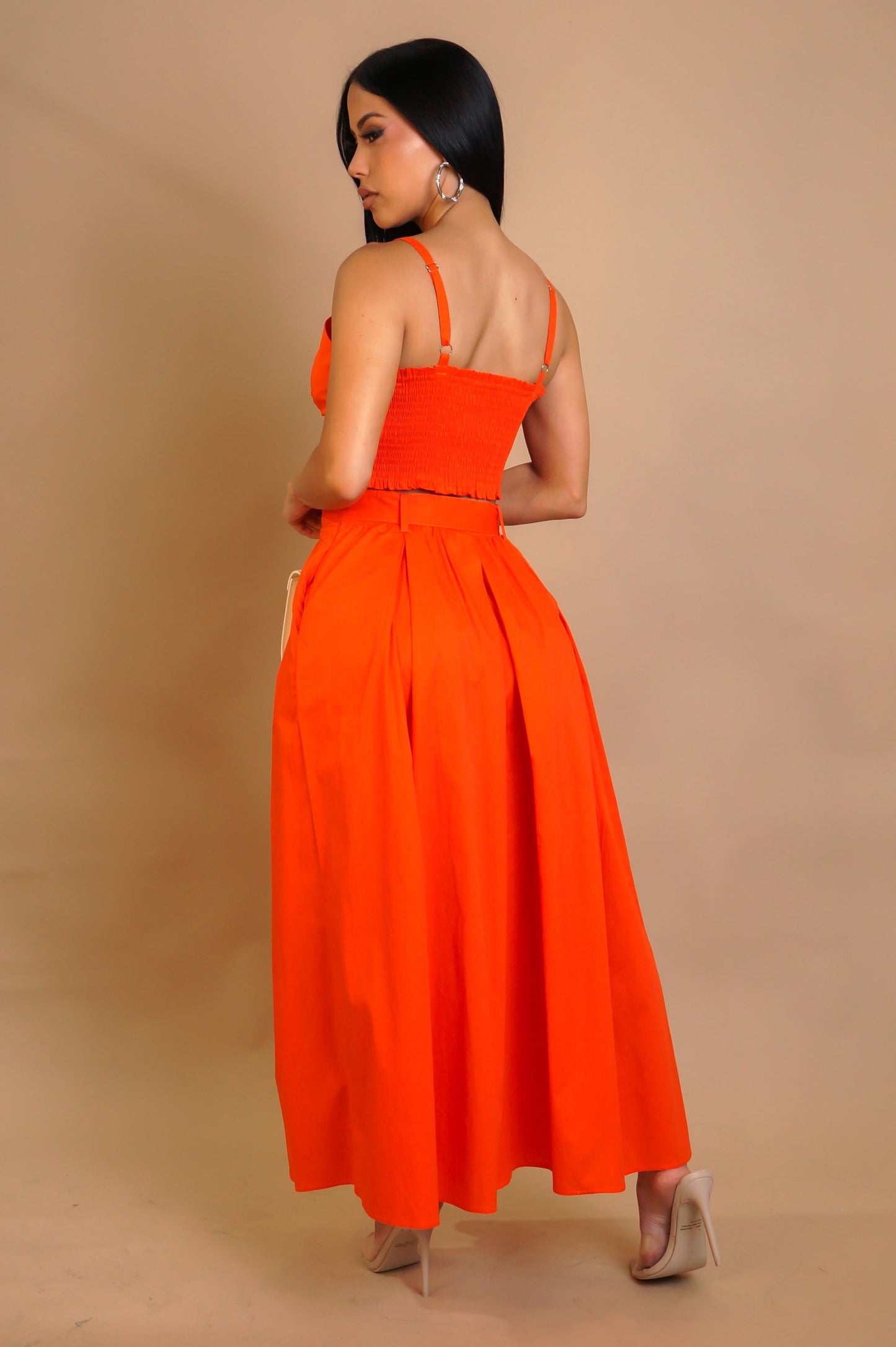 Belted Pleated Skirt Set- Orange
