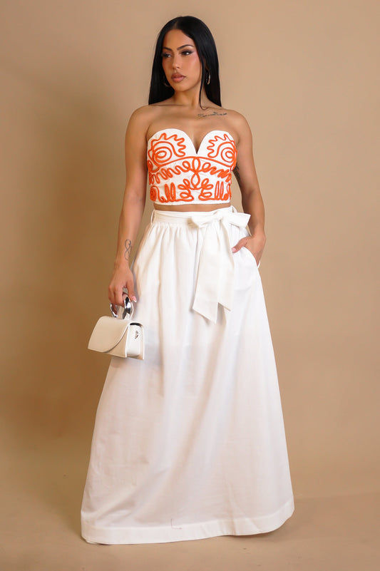 Embroidered Cropped Top & Maxi Skirt Set- Orange