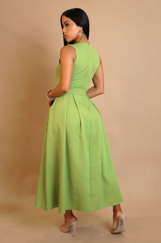 No Effort Modest Belted Midi Pleated Dress- Green