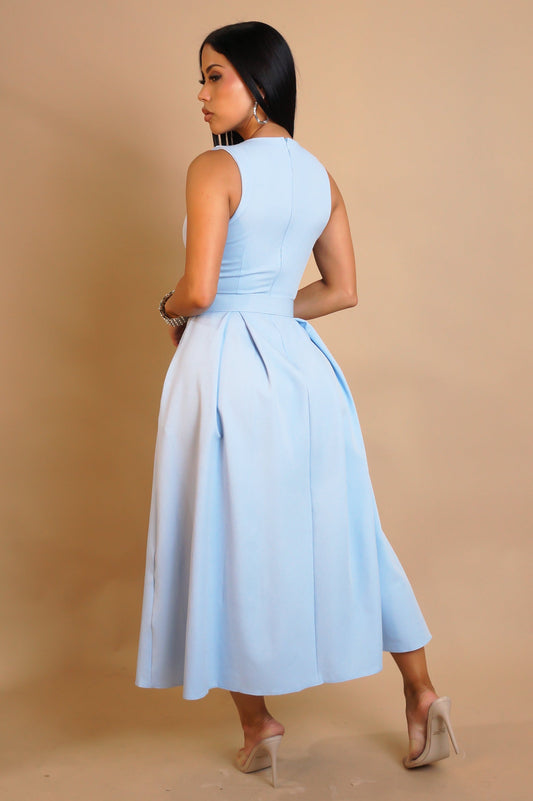 No Effort Modest Belted Midi Pleated Dress- Blue