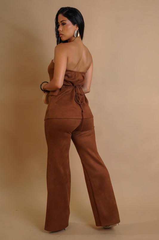 That Suede Look Pants Set- Brown
