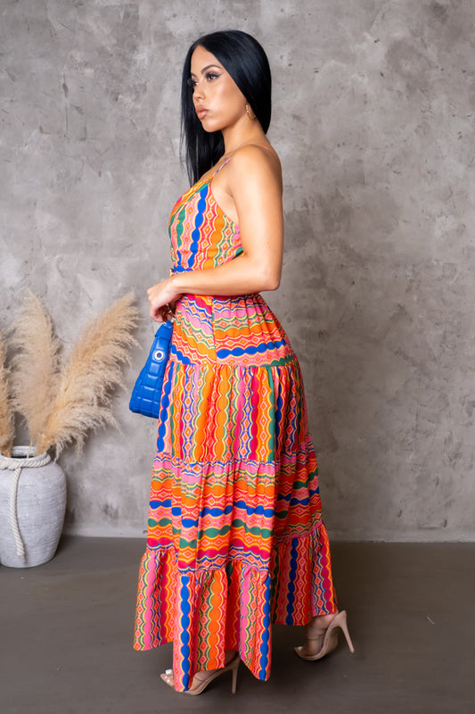 Belted Flare Multi-Orange Dress