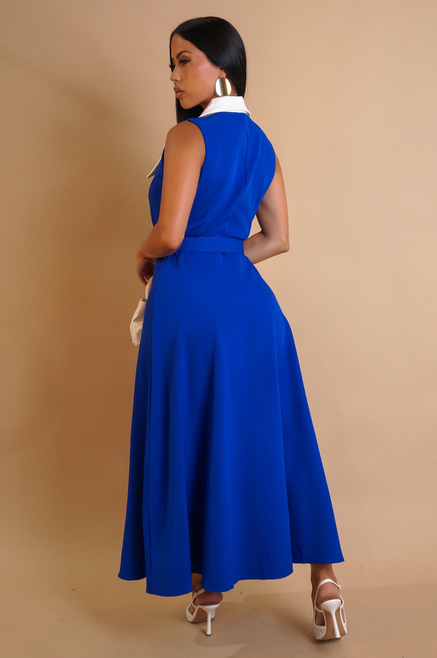 Dark Blue & White Contrast Belted Midi Dress