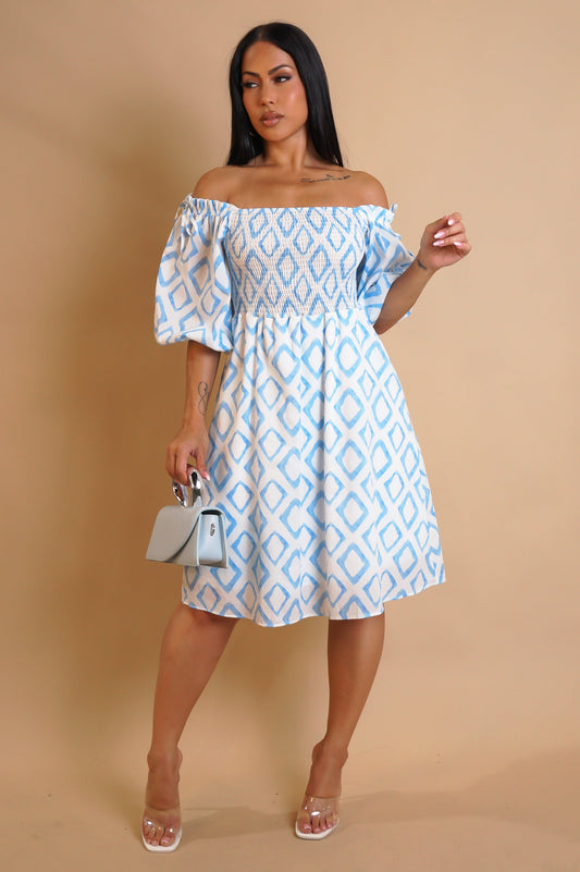 Smocked Top Blue & White Knee Dress