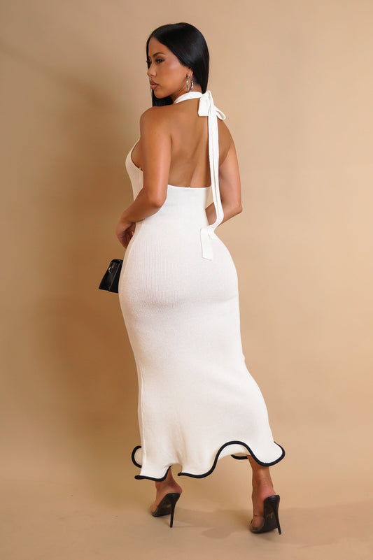 Black Bottom Trimmed White Halter Dress