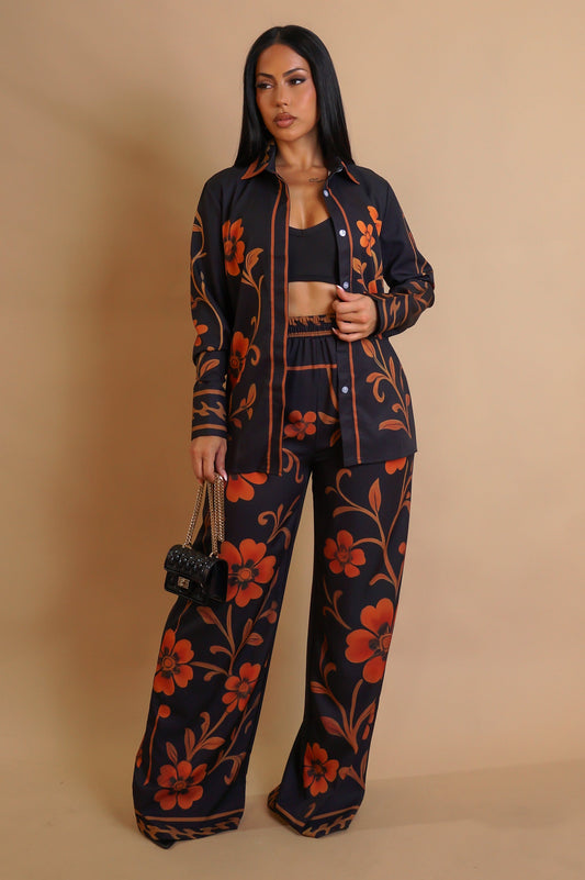 Fire Blooms on Black Pants Set