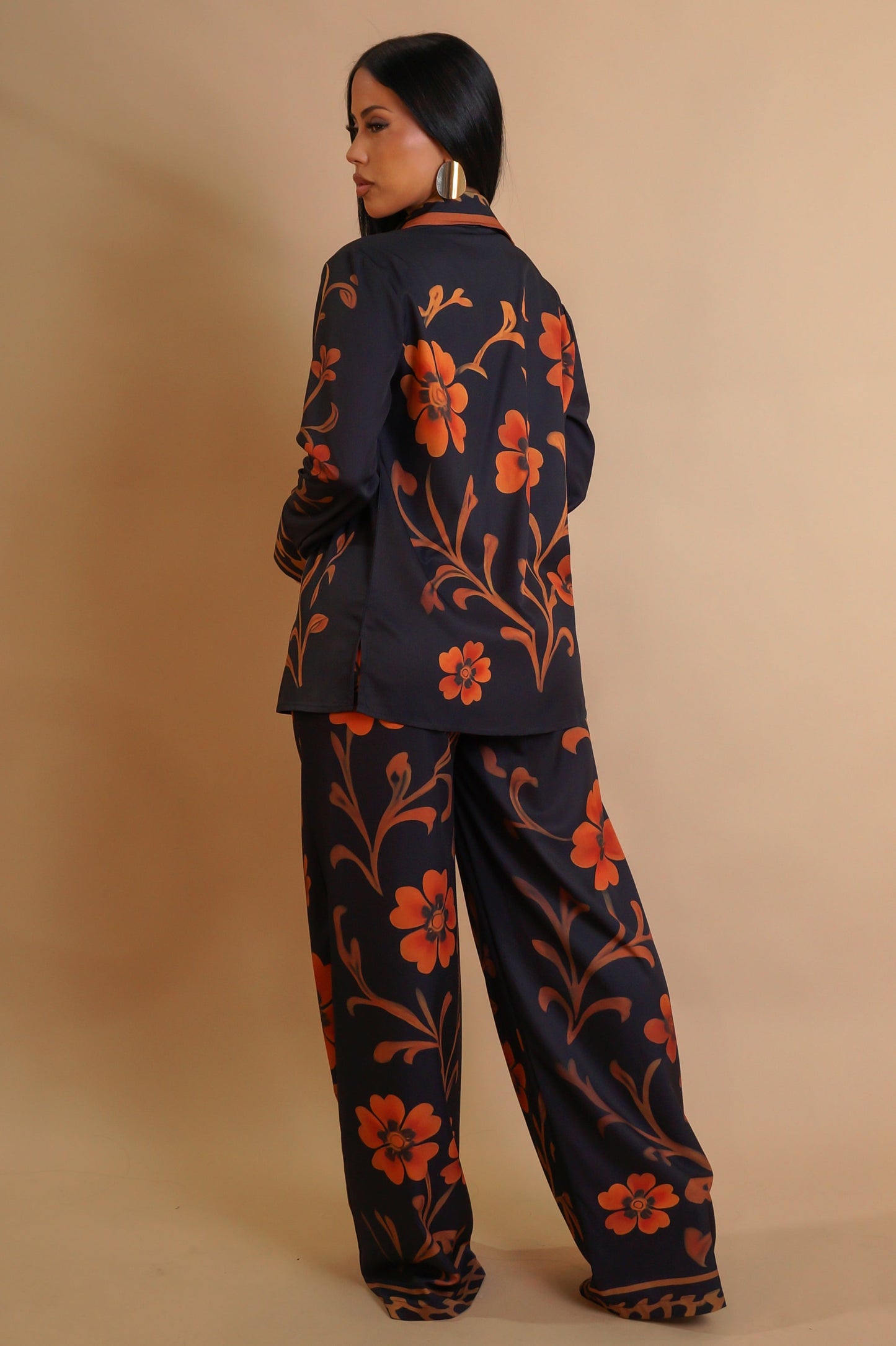 Fire Blooms on Black Pants Set