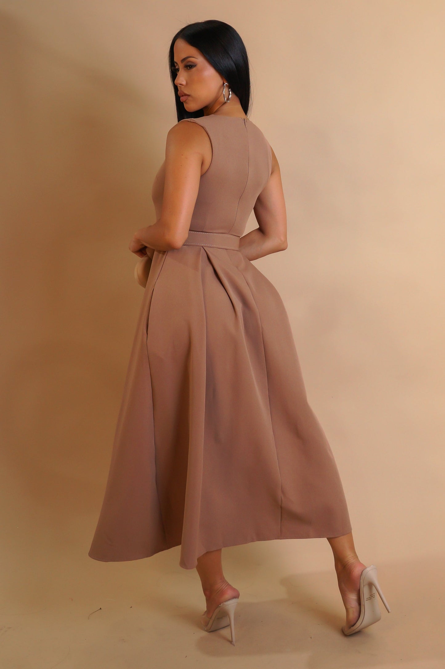 Simple Belted Brown Midi Dress