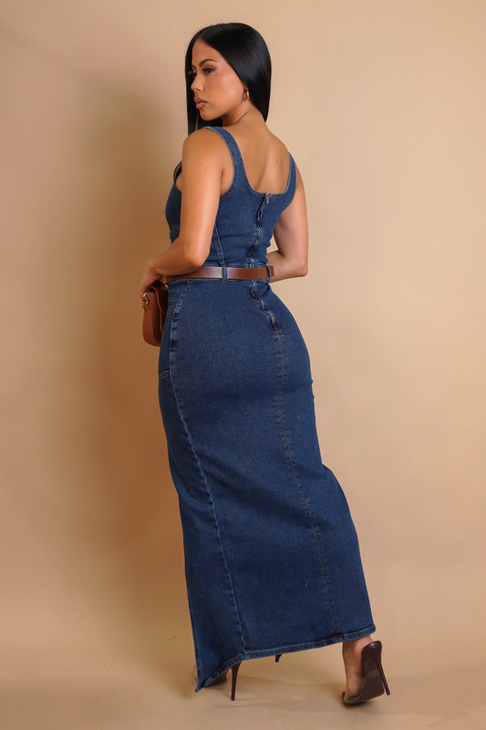 Denim Slit Midi Dress- Dark Wash