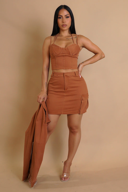 Bringing the Fun Denim Mini Skirt, Cropped Top , & Jacket Set- Brown