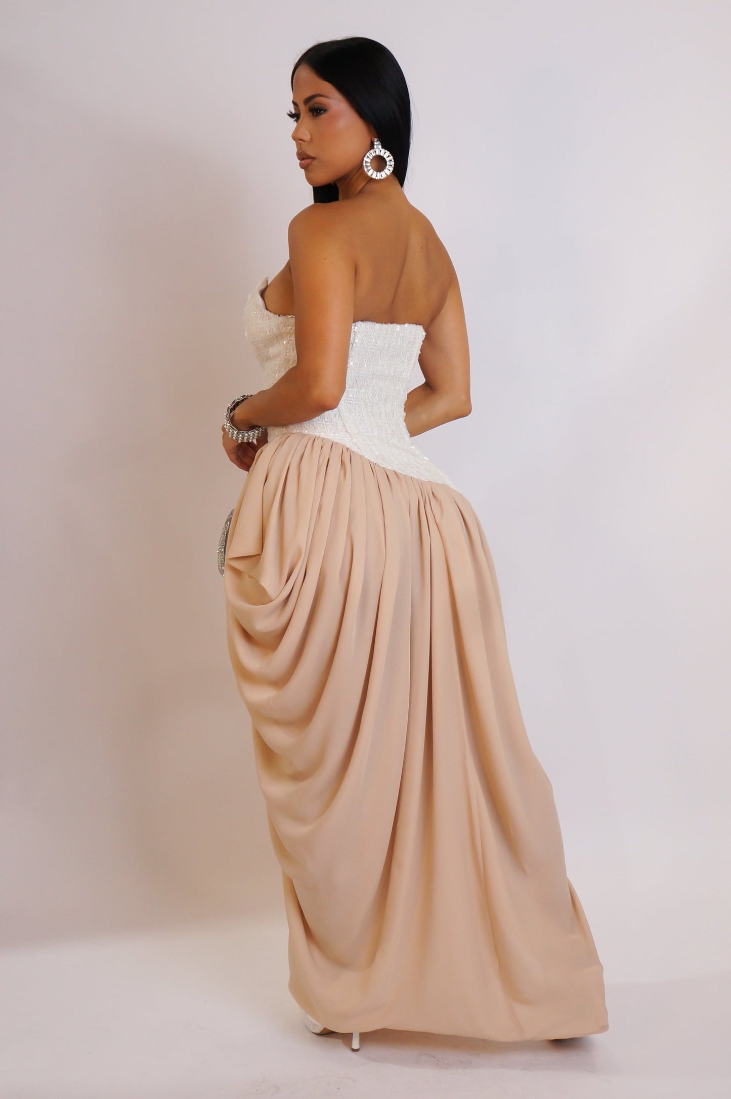 Corset & Draped Bottom Maxi Dress- Beige