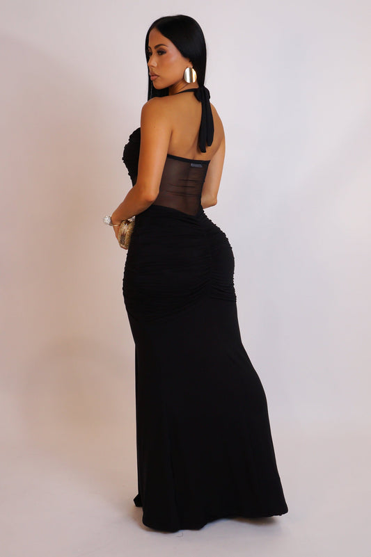 Mesh & Ruched Maxi Dress- Black