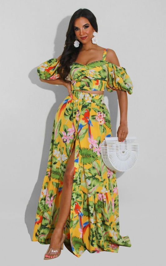 Yellow Multi Vacation Maxi Skirt Set