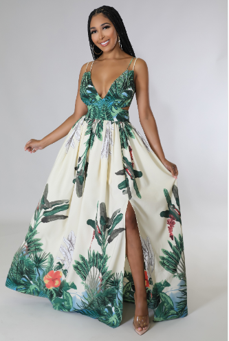 Vestido Longo Recorte Estampa Folha Verde Off-White