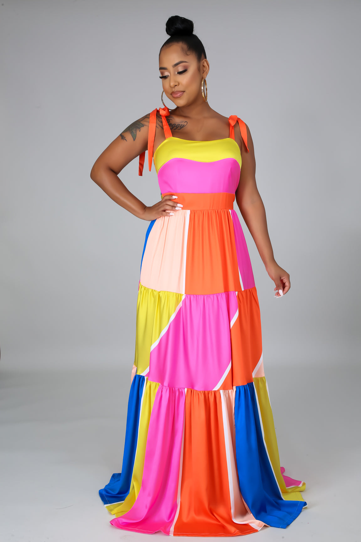 multicolored patched ribbon tiered maxi dress