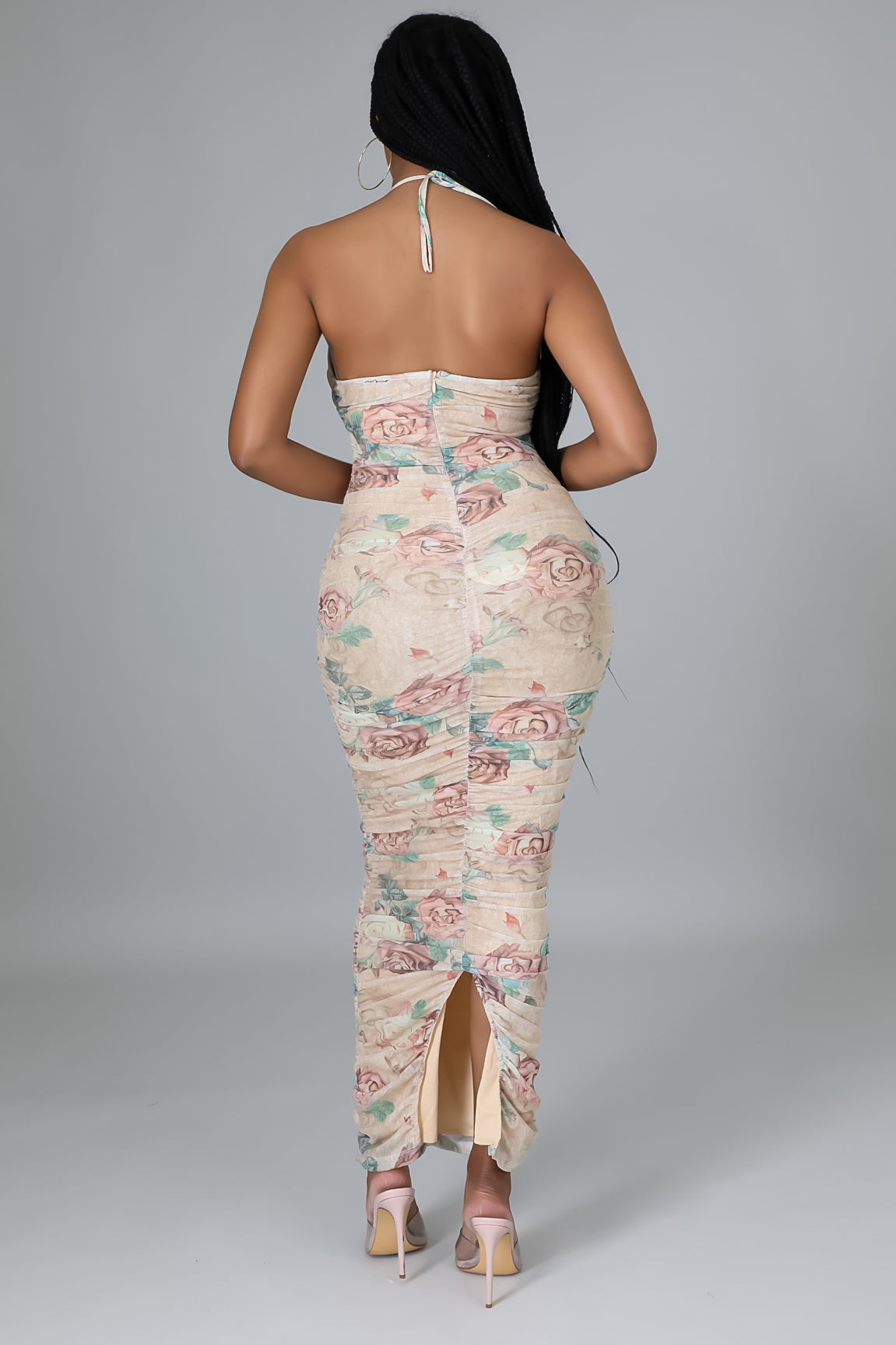 Flower Patterned Ruched Back Slit Nude Dress