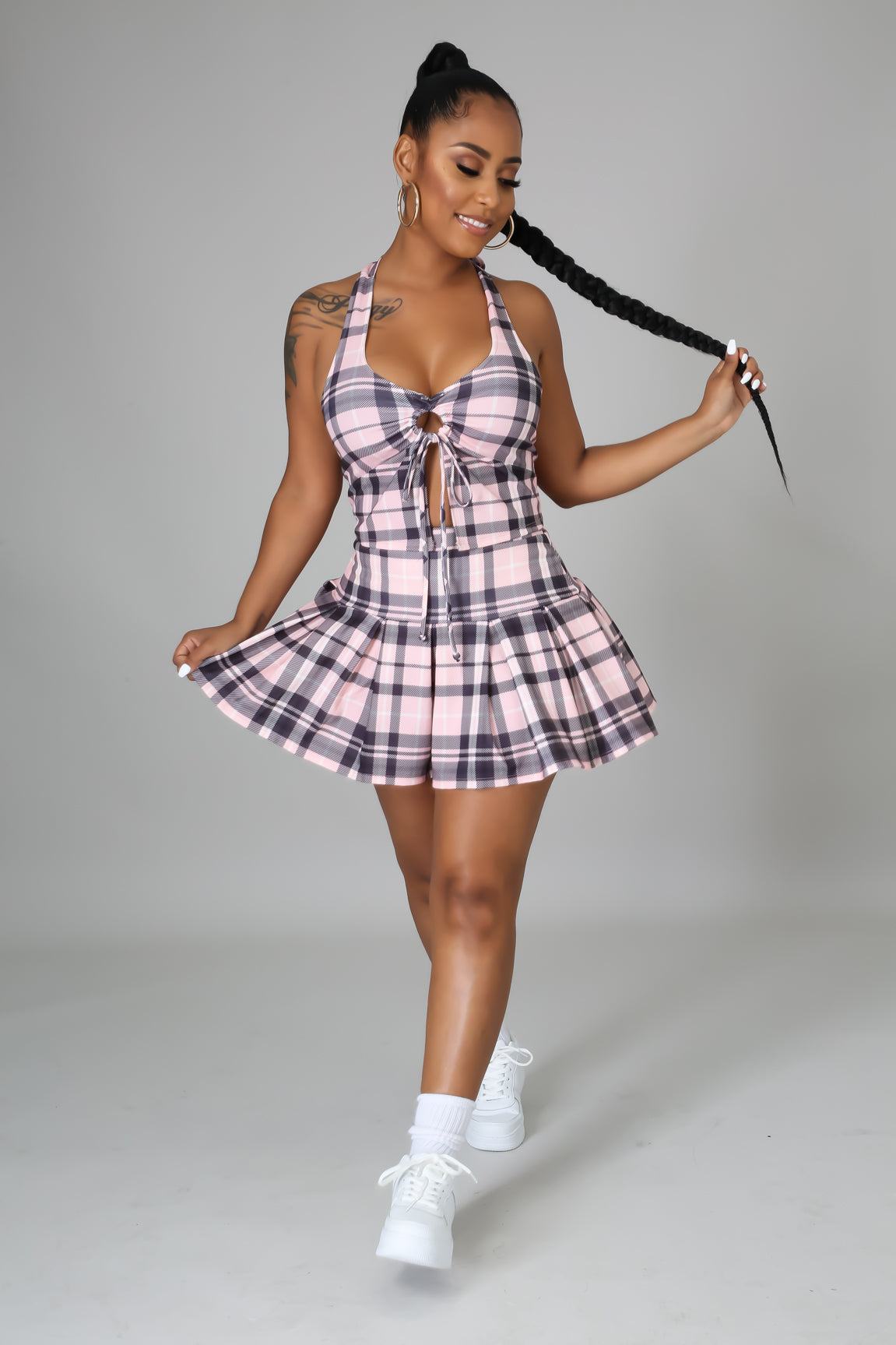Sexy Plaid Pleated Mini Skirt & Top Set M