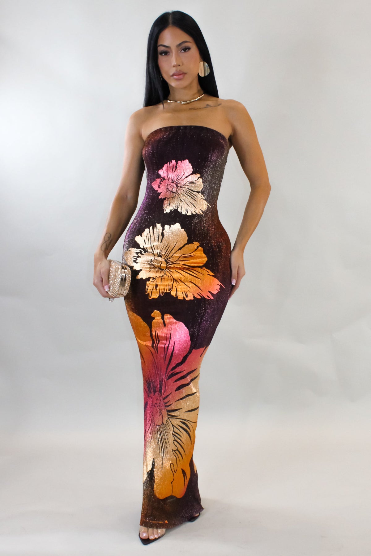 Vestido Maxi Metálico Deslumbrante Get a Taste - Floral/Multicolorido