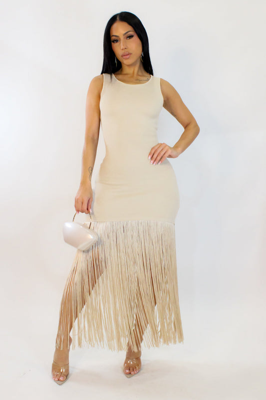 Tassel Bottom Midi Dress- Cream