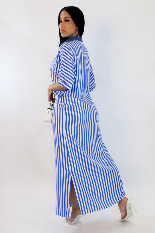 Relaxed Striped Midi Dress- Blue