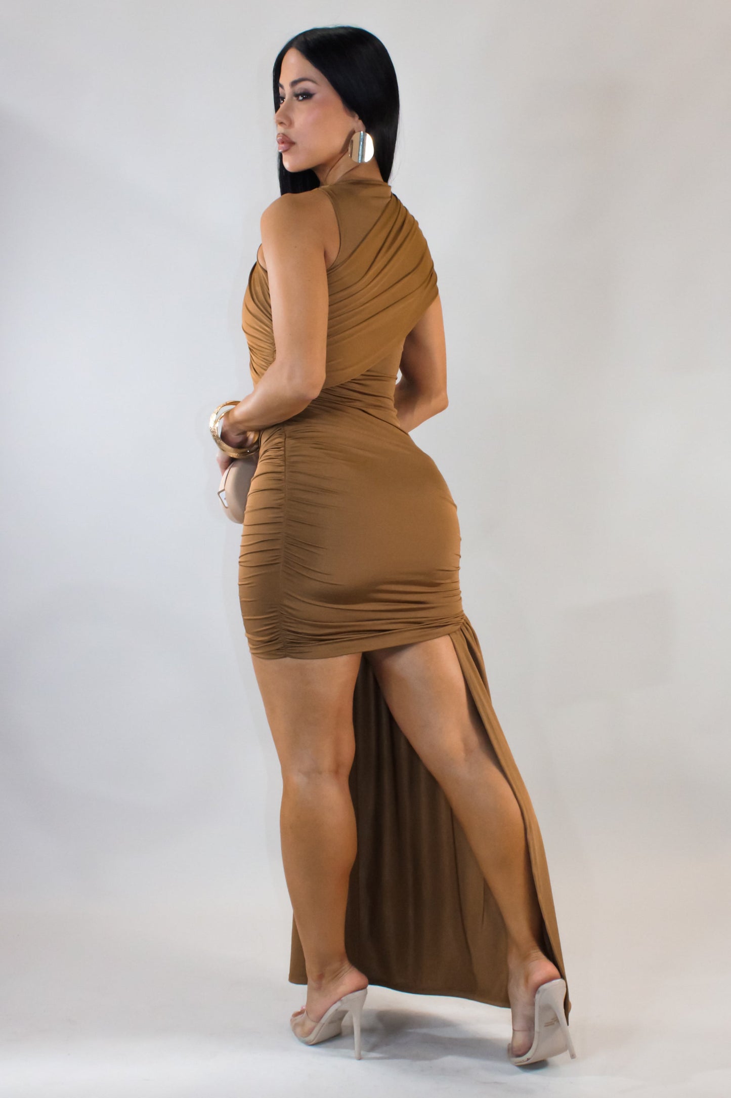 Let's Do the Twist Ruched Draped Mini Dress- Brown