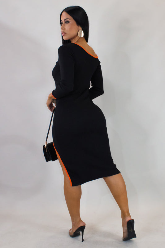 Thigh Slit Mini Dress- Black/Orange