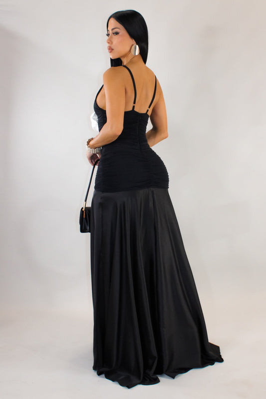 White 3D Flower on Black Maxi Dress