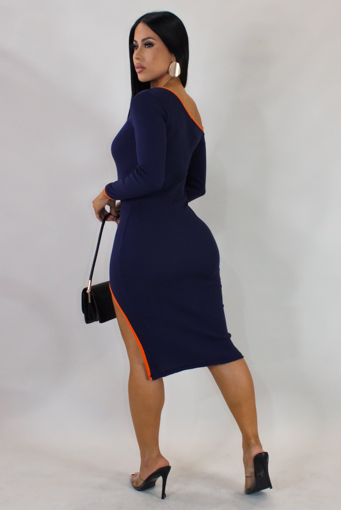 Thigh Slit Mini Dress- Navy/Orange