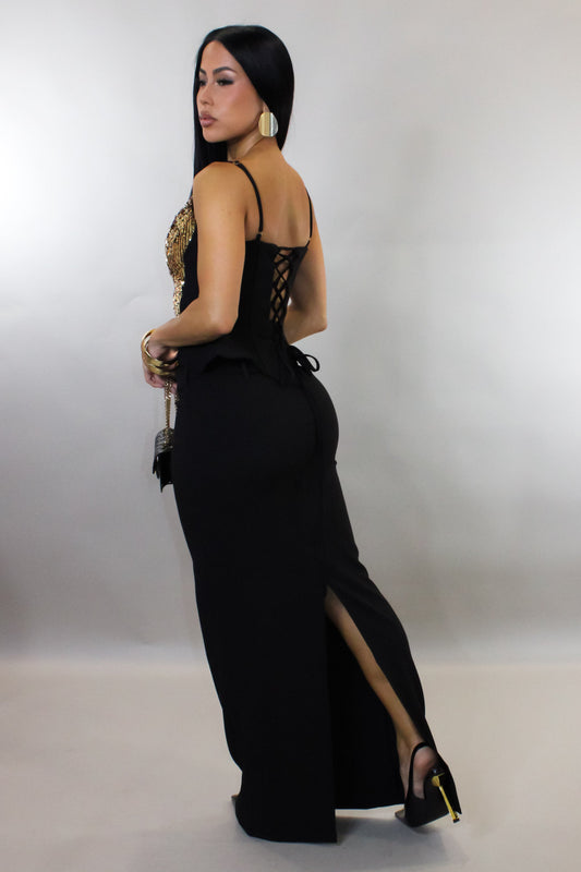 Gold Sequin Peplum Topped Exquisite Skirt Set- Black/Gold