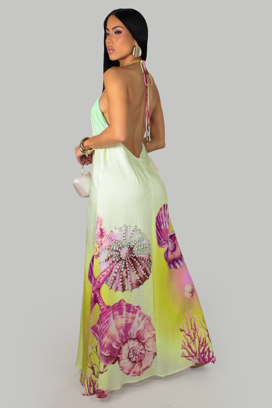 Coastal Romance Open Back Slit Maxi Dress- Lime