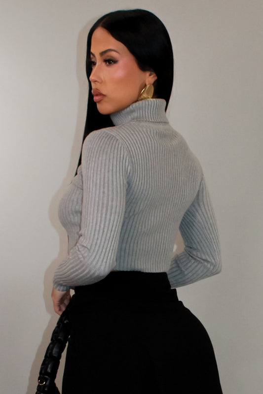 Cropped Turtle Neck Long Sleeve Top- Grey