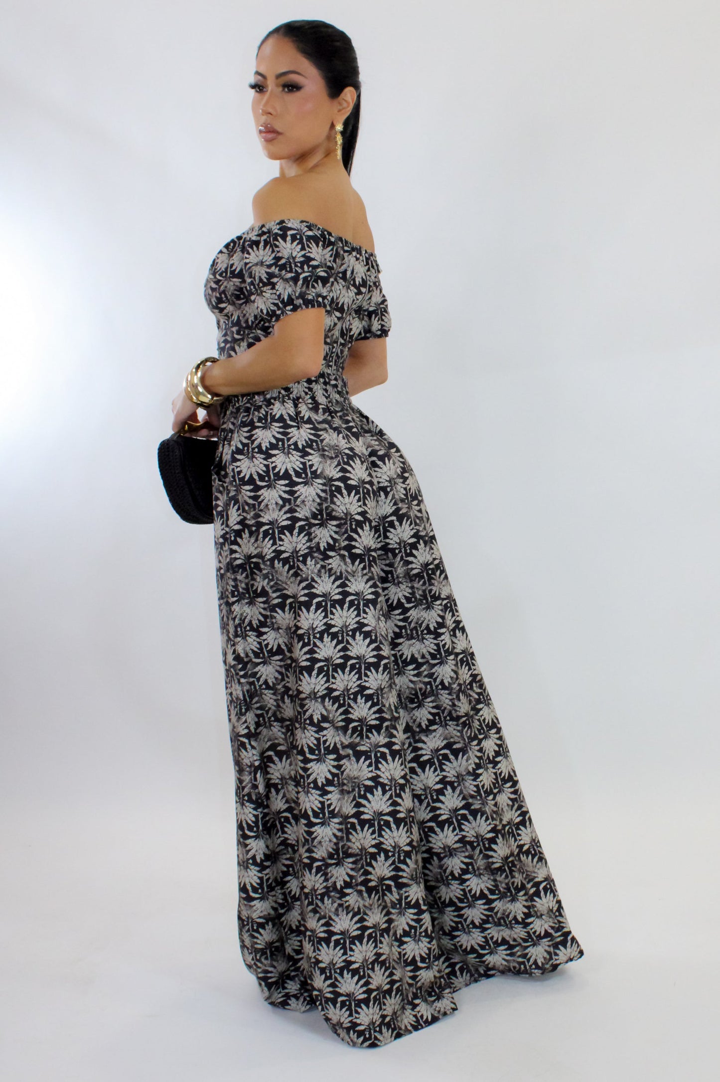 Leaf Print Pants Set- Black