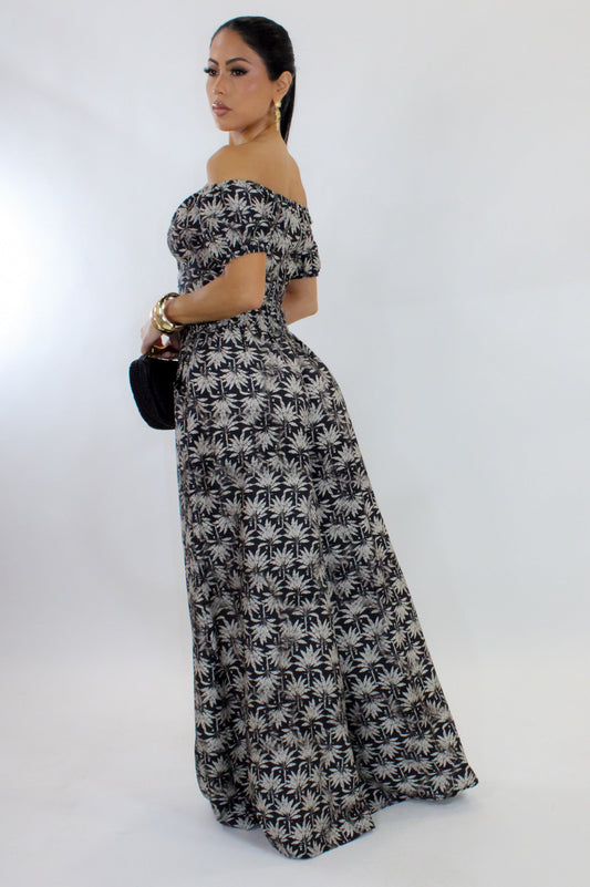 Leaf Print Pants Set- Black