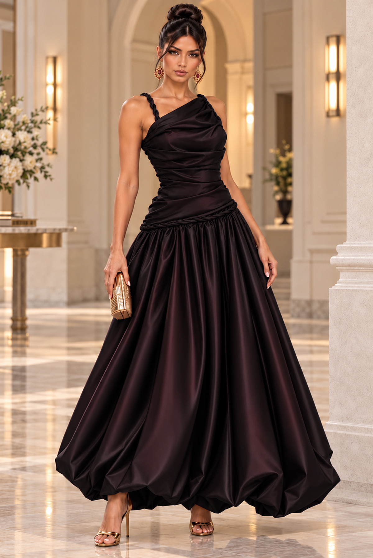 Satin Ruched Asymmetric Strap Bubble Hem Midi Dress- Wine