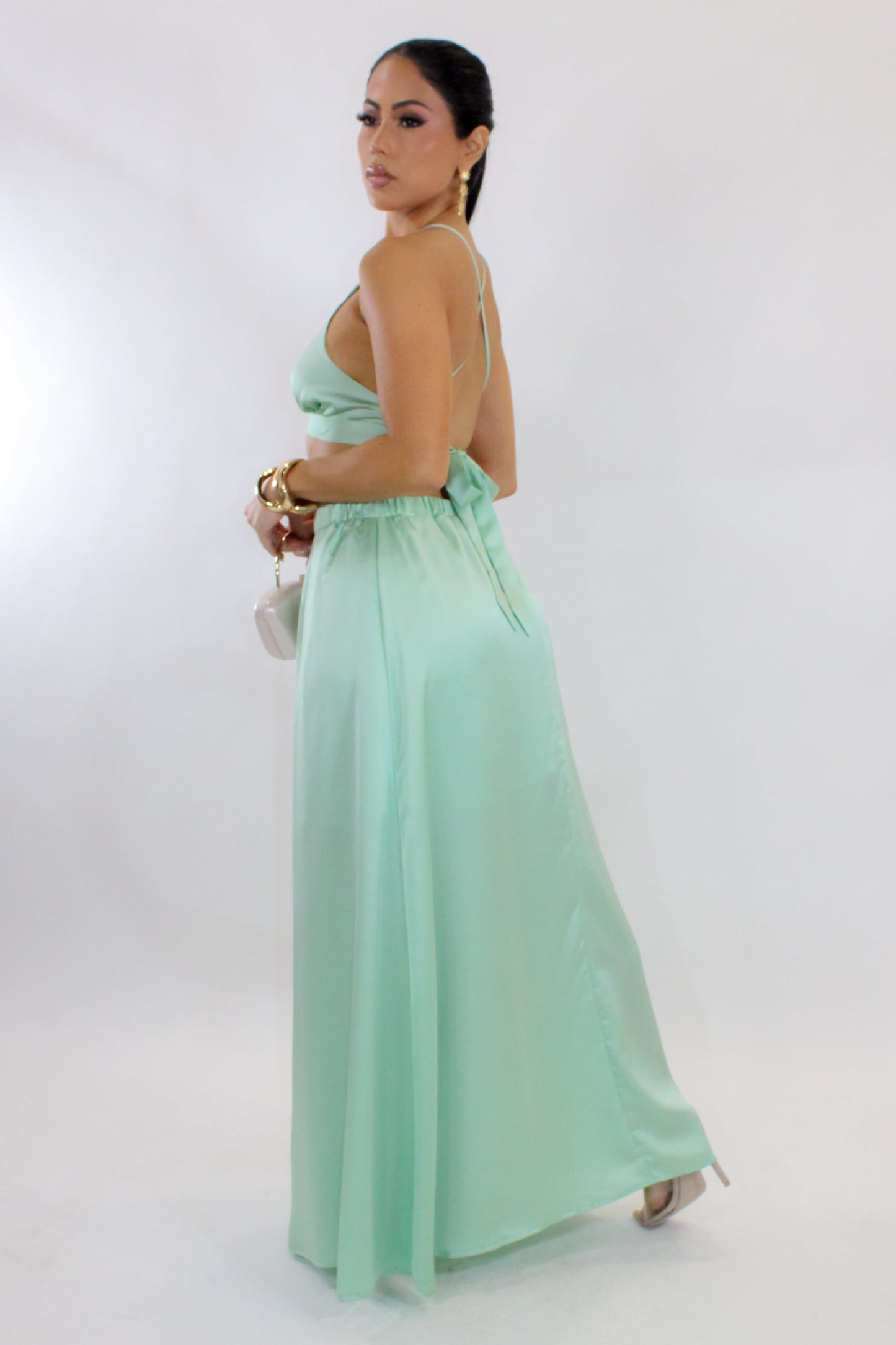 Satin Spring Skirt Set- Green