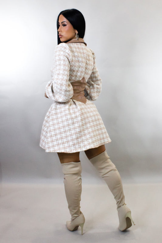 Leather on Tweed Flare Mini Flare Dress Jacket- Taupe